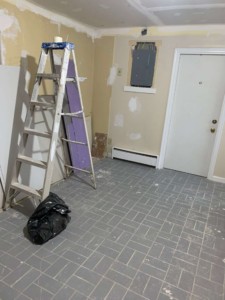 The living room/kitchen in the middle of renovations