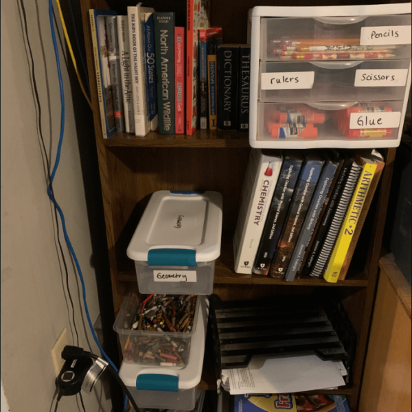 Much needed new bookshelf to organize supplies and textbooks