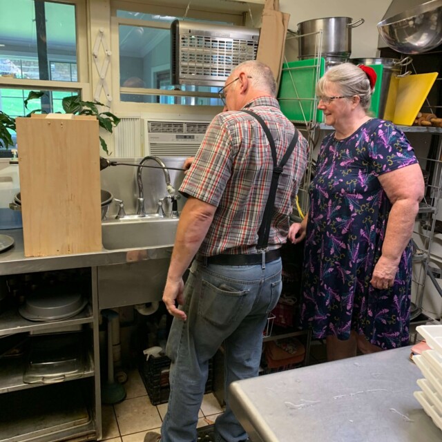 Ray and Debbie examining the handmade press. Check the cmts instagram for the full effect