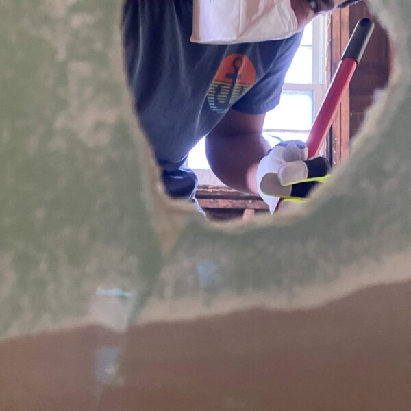 David peeking through the hole I patched, then demolished